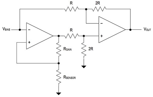 Diagram of circuit that delivers constant voltage sensor excitation with offset compensation and amplification