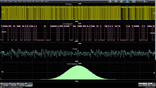 Image of PRBS digital noise (top two traces) along with the analog white noise output (third trace from the top)