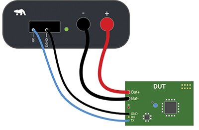 Image of connect the UART Tx pin on the IoT device to the Rx pin on the Otii Arc