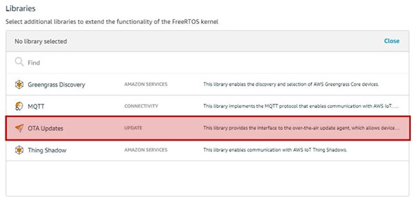 Image of adding the OTA Update library into the a:FreeRTOS configuration