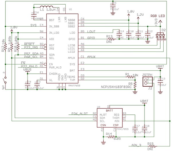 Maxim MAX77650 PMIC 和 MAX17055 电量计 IC 示意图
