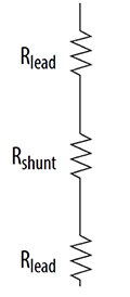Diagram of two-terminal current shunt resistor has three series resistances