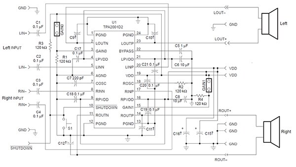 Diagram of 1 watt per channel stereo amplifier based on the TPA2001D2 Class D amplifier