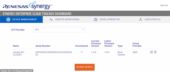 Image of Renesas Synergy cloud dashboard