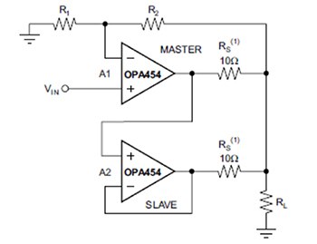 Diagram of two Texas Instruments OPA454AIDDAR op-amps in parallel