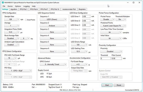 Image of Maxim MAXM86161 evaluation software application (click to enlarge)