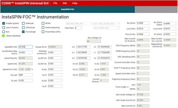 完成电机识别后的 InstaSPIN-FOC GUI 界面图