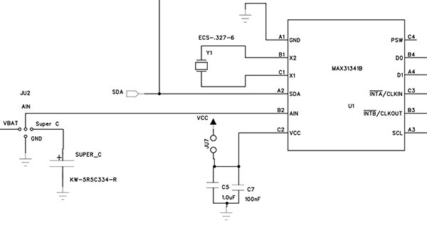 Maxim Integrated 的 MAX31341EVKIT 評估板線路圖