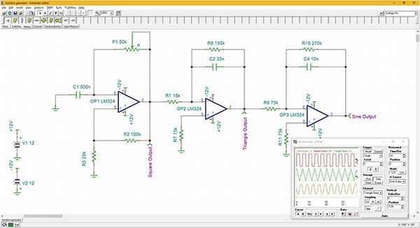 使用三个 LM324 级设计的函数发生器示意图（点击放大）
