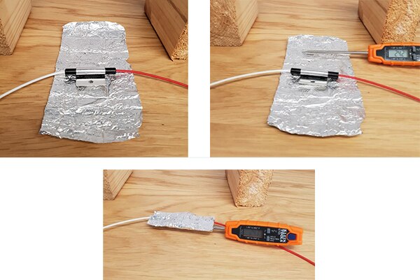 Image of Klein thermometer probe and temperature sensor wrapped in foil