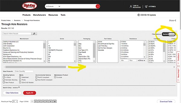 带有"滚动"（水平）参数筛选器的“Through Hole Resistors”（通孔电阻器）搜索页图片