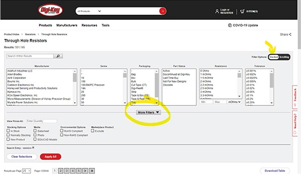 带有“Stacked（堆叠）”（垂直）参数筛选器的“Through Hole Resistors”（通孔电阻器）搜索页图片。