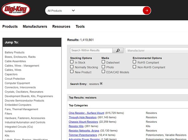 Image of search results for “resistors”
