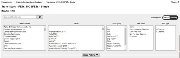 Image of the “Transistors – FETs MOSFETs – Single” sub-category (click to enlarge)