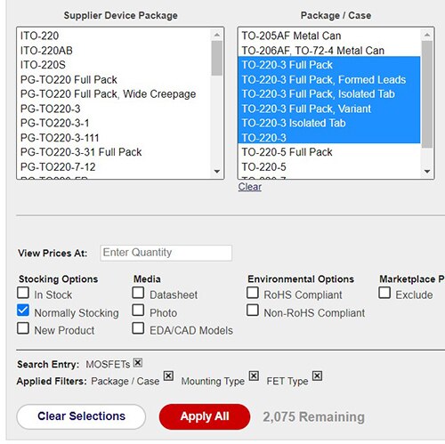Image of select all “TO-220-3” options available for “Package / Case”