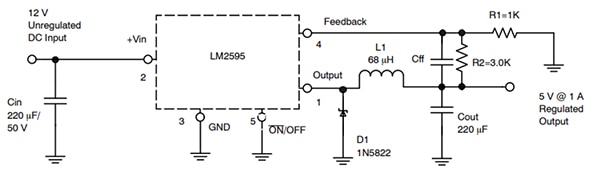 ON Semiconductor 的 LM2595 典型异步降压转换器应用的图片