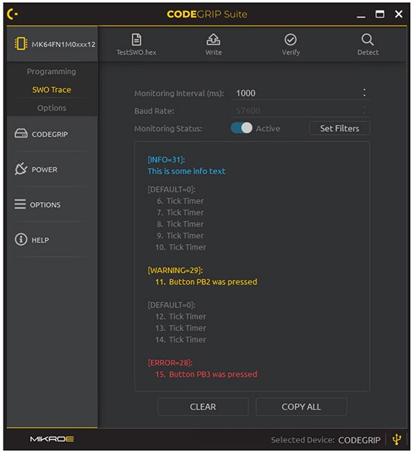 MikroElektronika CodeGrip Suite 提供实时调试和跟踪信息的图片。