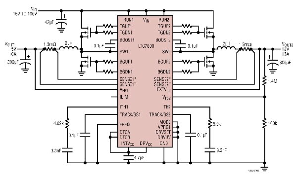 使用 ADI 的 LTC7890 的典型应用电路原理图（点击放大）