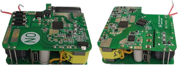 onsemi 100 W USB PD 公版電源供應器的上畫面 (左) 和下畫面 (右)