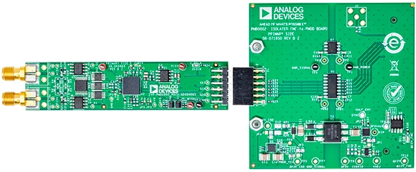 Image of Analog Devices ADSKPMB10-EV-FMCZ (left) and PMOD-to-FMC interposer board (right)