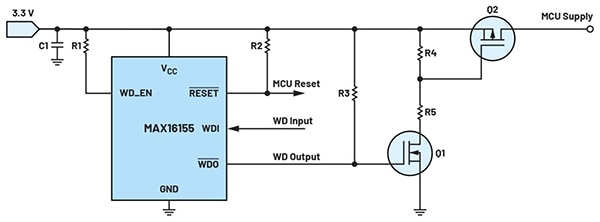 Diagram of N-channel MOSFET (Q1) driving a P-channel MOSFET (Q2) (click to enlarge)