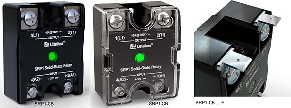 Littelfuse 的 SRP1-CB 裸 SSR（左）、SRP1-CR 触摸安全固态继电器（中）和 SRP1-CB...F