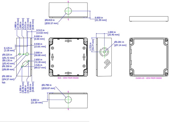 Diagram of Hammond Manufacturing 1554N2GYCL enclosure front and side views (click to enlarge)