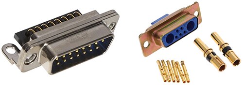 Image of Amphenol Positronic MCD15M51R700K/AA-15 (left) D-sub plug connector and CBC7W2S110000 (right) 7-position combo receptacle connector