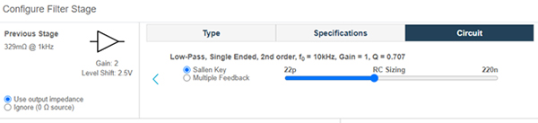 Image of analog filtering stage parameters in Signal Chain Designer
