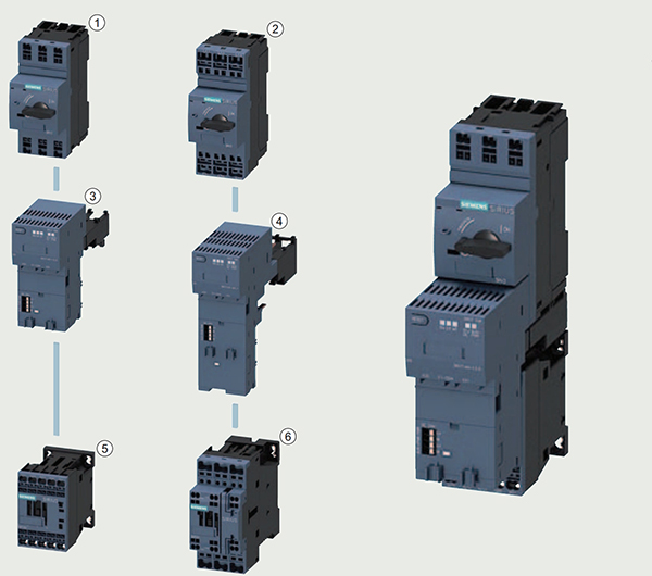 Abbildung von Siemens-Modulen in den Größen S00 (links) und S0 (Mitte) sowie einer intelligenten Lastspeisungs-Baugruppe der Größe 00