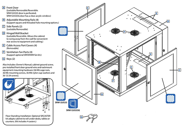 Imagen del diagrama de despiece del gabinete con montaje en pared SmartRack SRW12US33G de Eaton (haga clic para ampliar)
