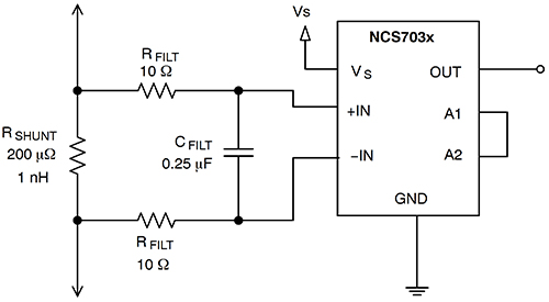 Diagram of two matched resistors (RFILT) and a capacitor (CFILT)