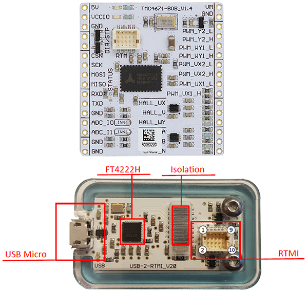 Analog Devices TMC4671-BOB 및 USB-2-RTMI_V20 어댑터 이미지