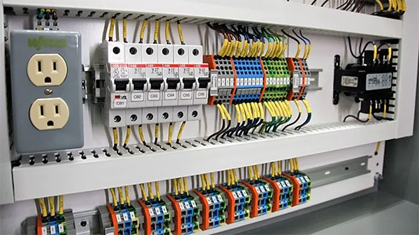 다양한 모듈 유형이 DIN 레일에 장착된 산업용 캐비닛 이미지