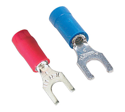 Image of flanged (left) and locking (right) fork wire terminal designs
