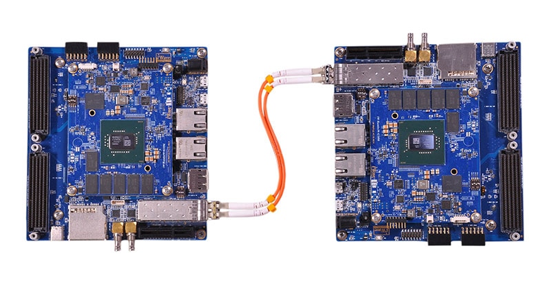 Image of two Zynq UltraScale+ MPSoC are interconnected via 10G SFP