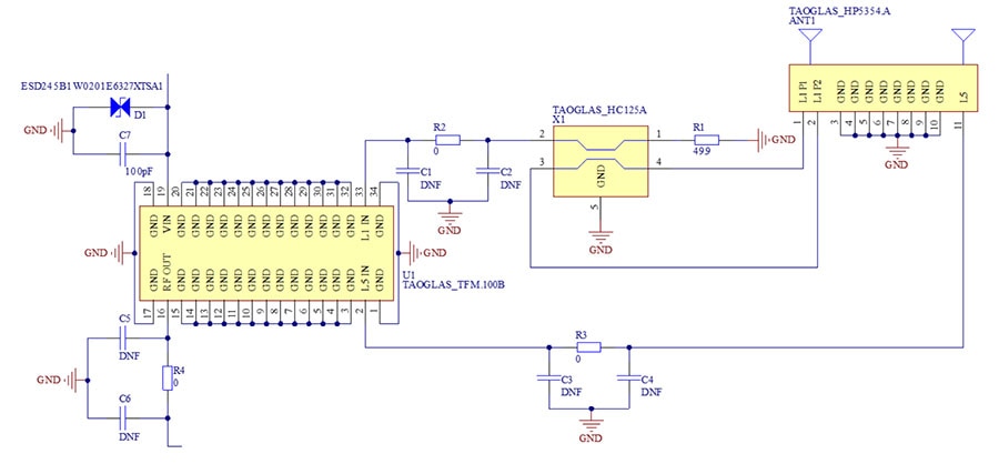 The AHPD5354A evaluation board features a hybrid coupler for L1/L5 signals and a full-featured RF preamplifier and filter, providing a complete RF signal chain