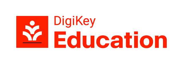 Red square with abstract shape in white with text DigiKey Education next to it in red