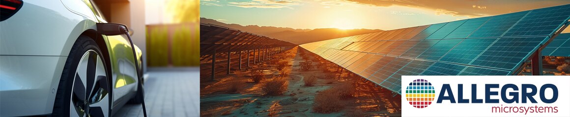 圖片中左側為一台電動車正在充電，右側為太陽能板陣列