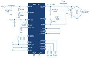 Schema del convertitore step-down c.c./c.c. PowerSoC 30 A EM2130 di Intel