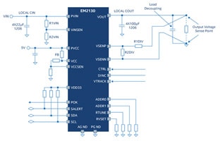 Intel's EM2120,30,40 PowerSoC DC-DC Step-Down Converters Schematic Schema del convertitore step-down c.c./c.c. PowerSoC 30 A EM2130 di Intel