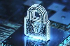 Shimmering lock appearing to be made of code sitting on a glowing render of a circuit board