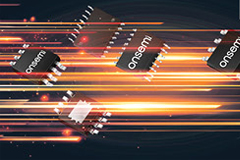 onsemi ICs flying left to right through a dark blue void with orange streaks trailing them