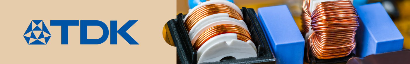 TDK banner with cream colored background color. TDK logo on the left and several SMPS parts on the right