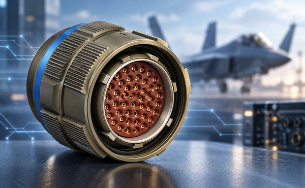 Image of a D38999/26 Series iii Connector in front of a plane