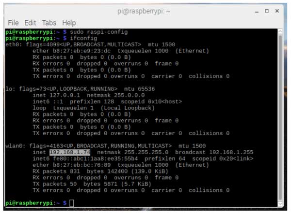 Running the ifconfig should return network details about your Pi