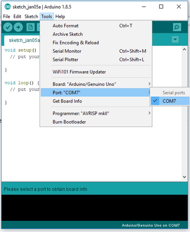 If your Arduino is on a different port, select that port instead