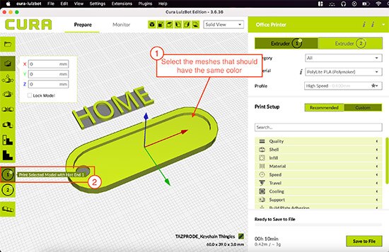 How to Print Dual Colors Using a Dual-Extruder Lulzbot 3D Printer & Cura